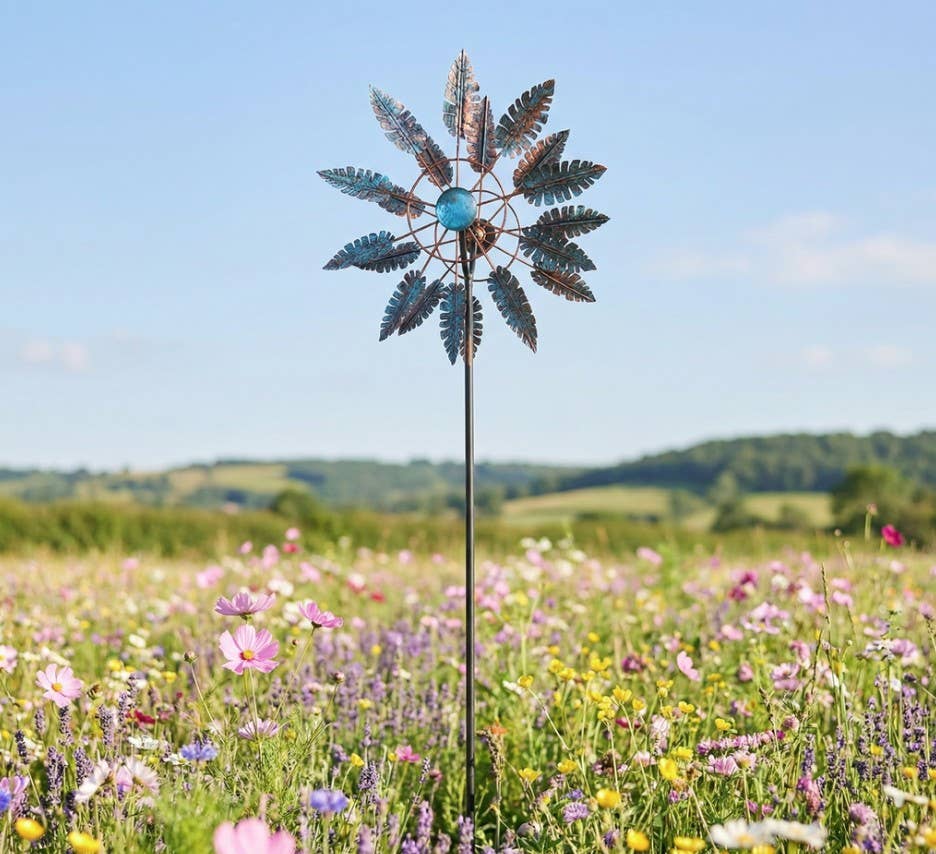 Kinetic Copper and Blue Wind Spinner Garden Stakes: Notch - Copper State Home + Iron