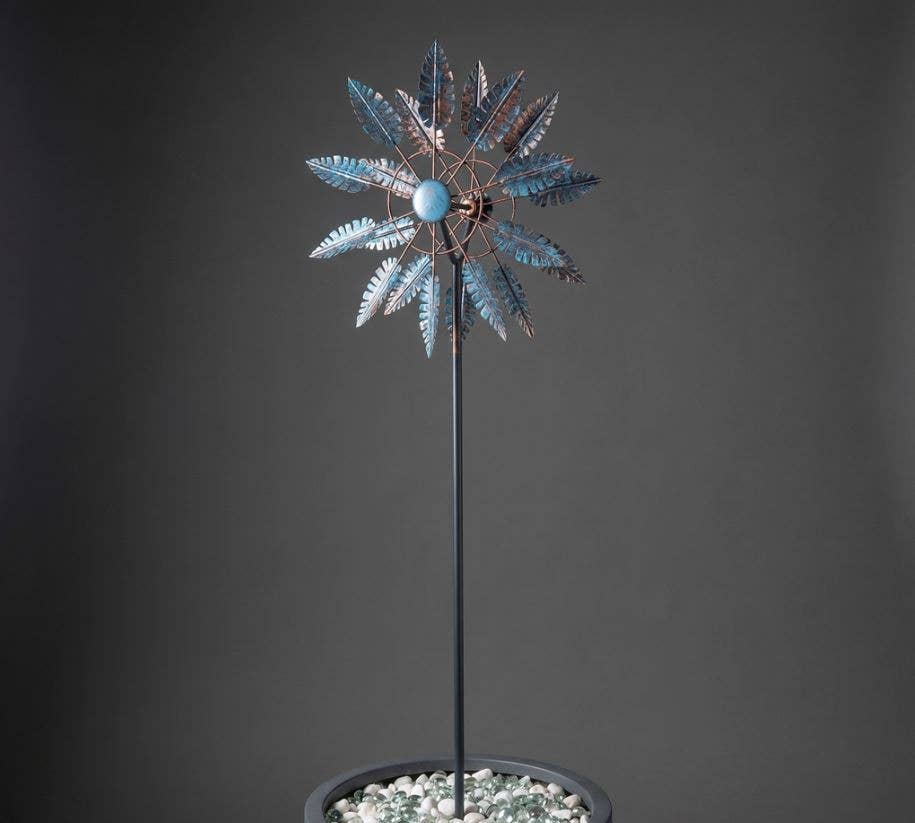 Kinetic Copper and Blue Wind Spinner Garden Stakes: Notch - Copper State Home + Iron