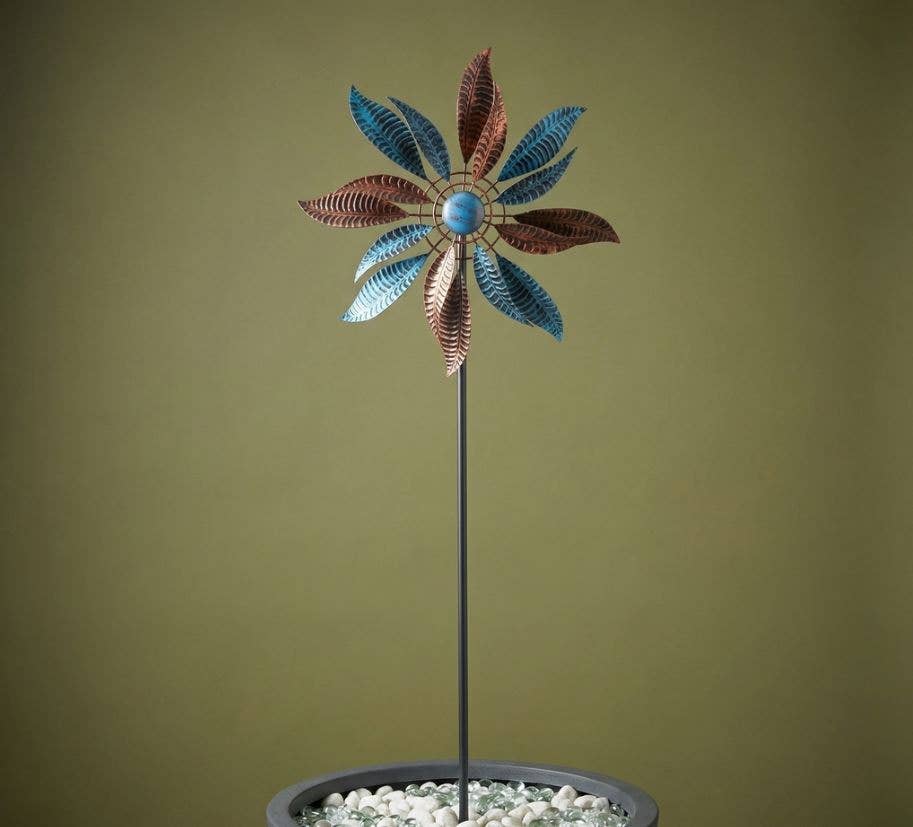 Kinetic Copper and Blue Wind Spinner Garden Stakes: Notch - Copper State Home + Iron