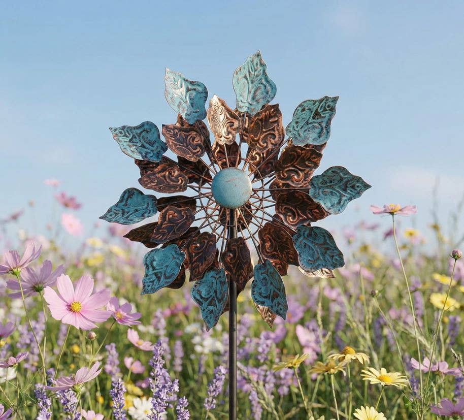 Kinetic Copper and Blue Wind Spinner Garden Stakes: Notch - Copper State Home + Iron