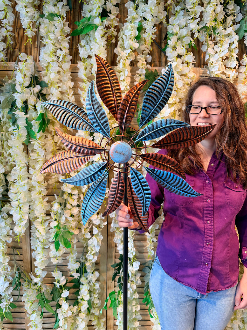 Kinetic Copper and Blue Wind Spinner Garden Stakes: Notch - Copper State Home + Iron