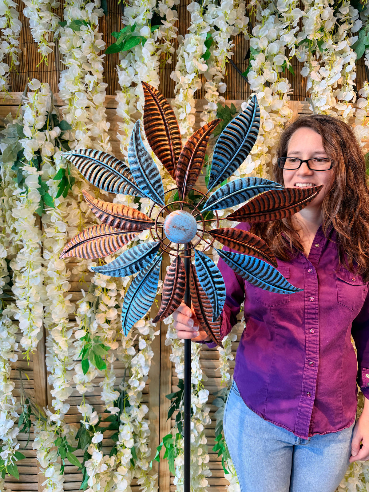 Kinetic Copper and Blue Wind Spinner Garden Stakes: Notch - Copper State Home + Iron