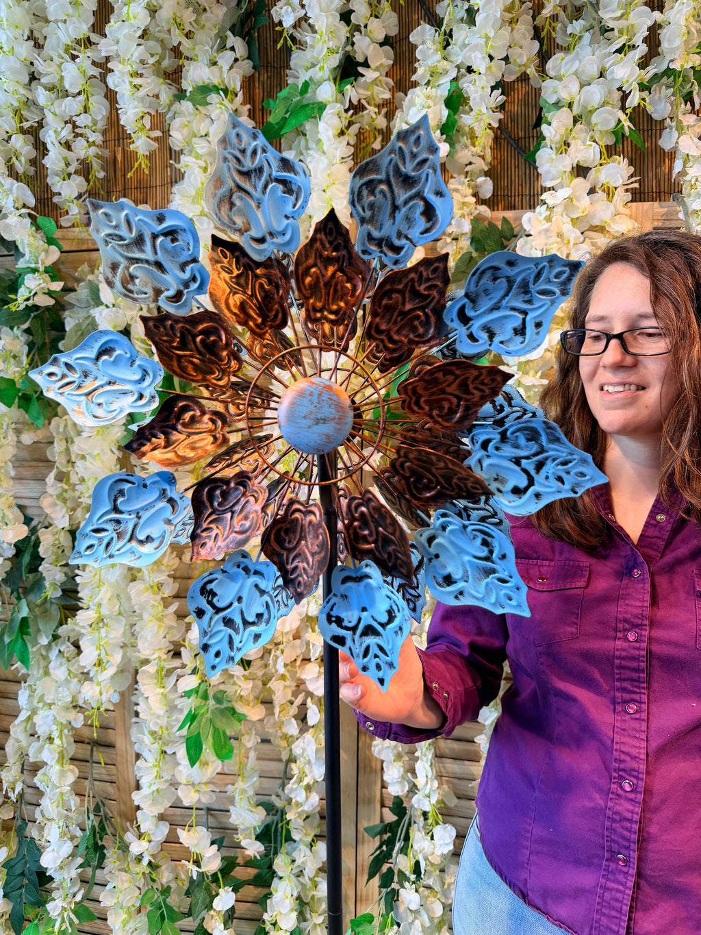 Kinetic Copper and Blue Wind Spinner Garden Stakes: Notch - Copper State Home + Iron