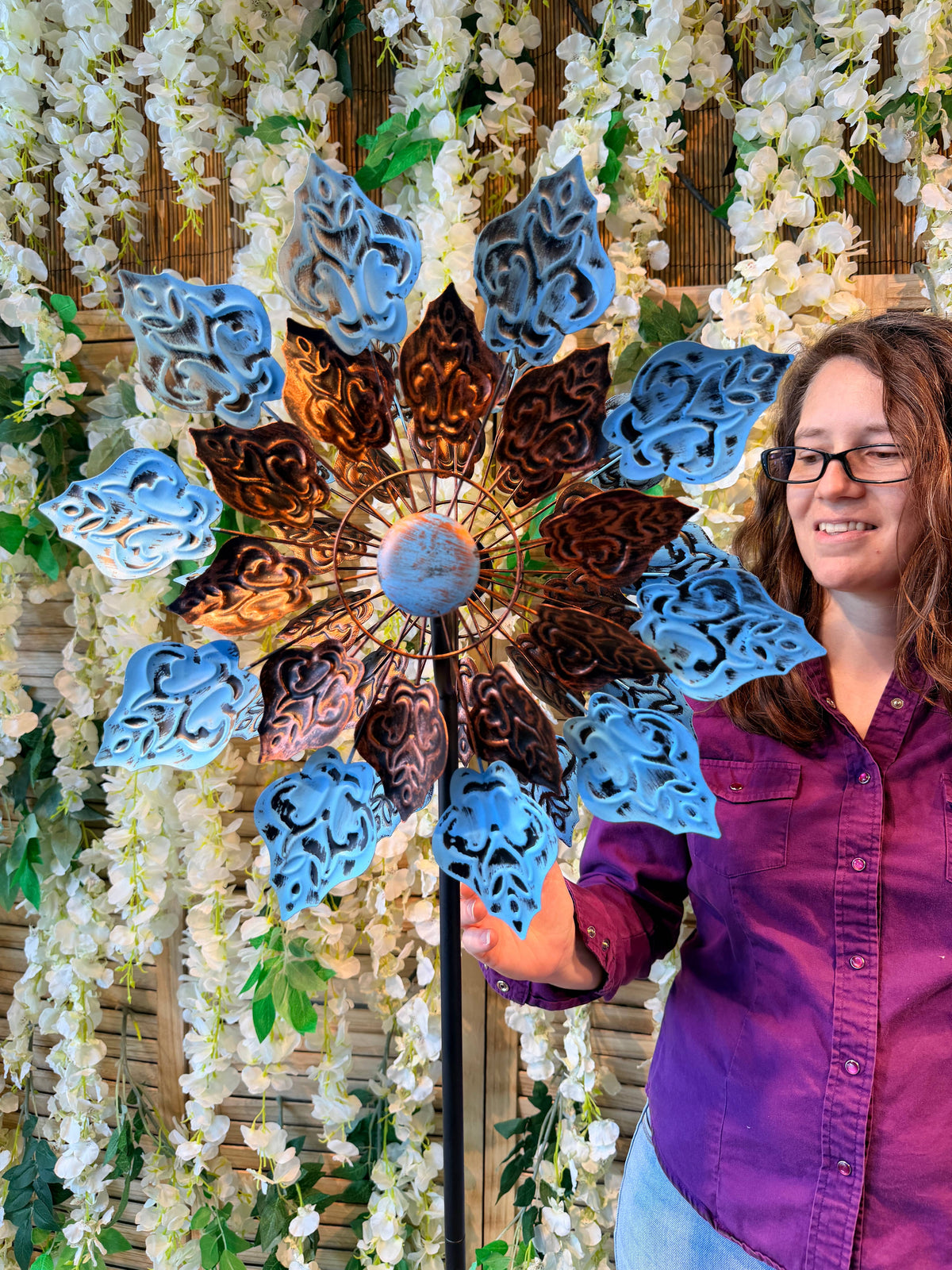 Kinetic Copper and Blue Wind Spinner Garden Stakes: Notch - Copper State Home + Iron