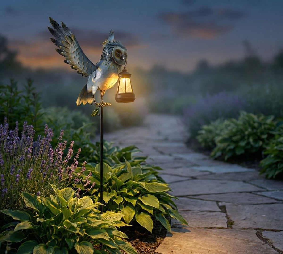Metal Owl Garden Stake Holding a Solar Lighted Lantern - Copper State Home + Iron