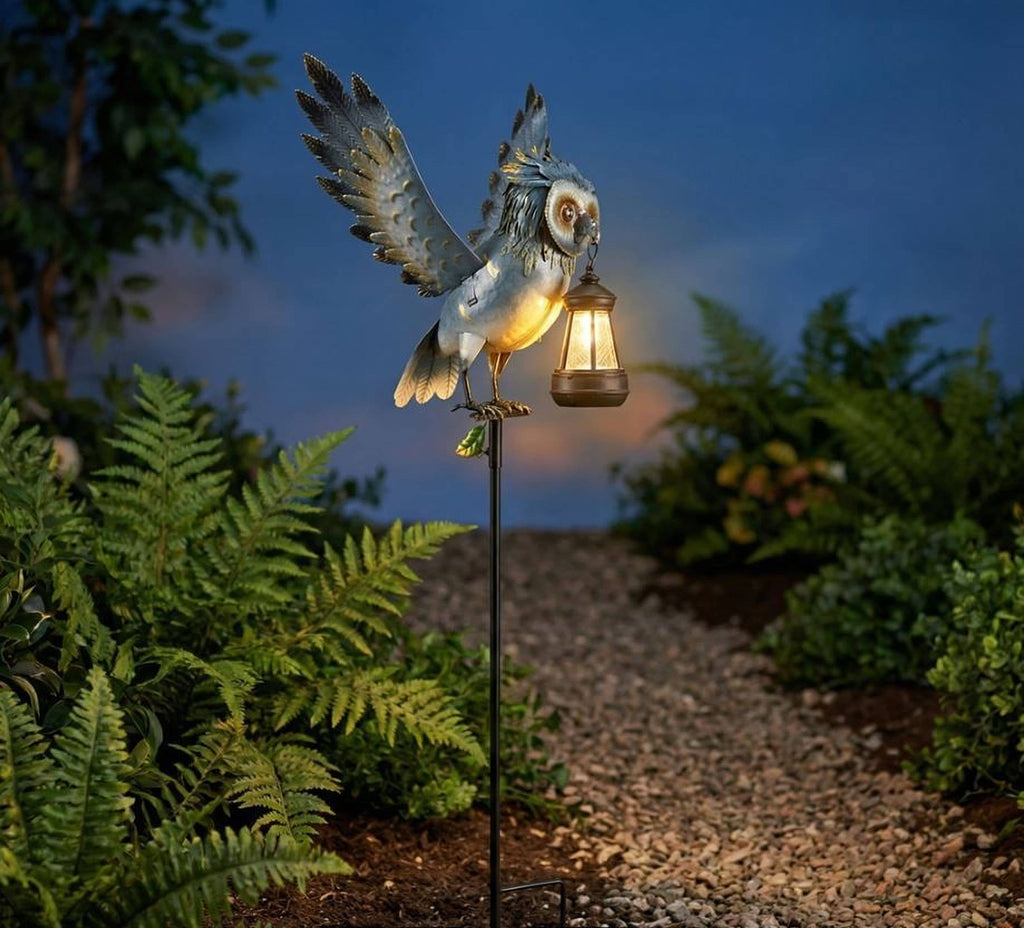 Metal Owl Garden Stake Holding a Solar Lighted Lantern - Copper State Home + Iron