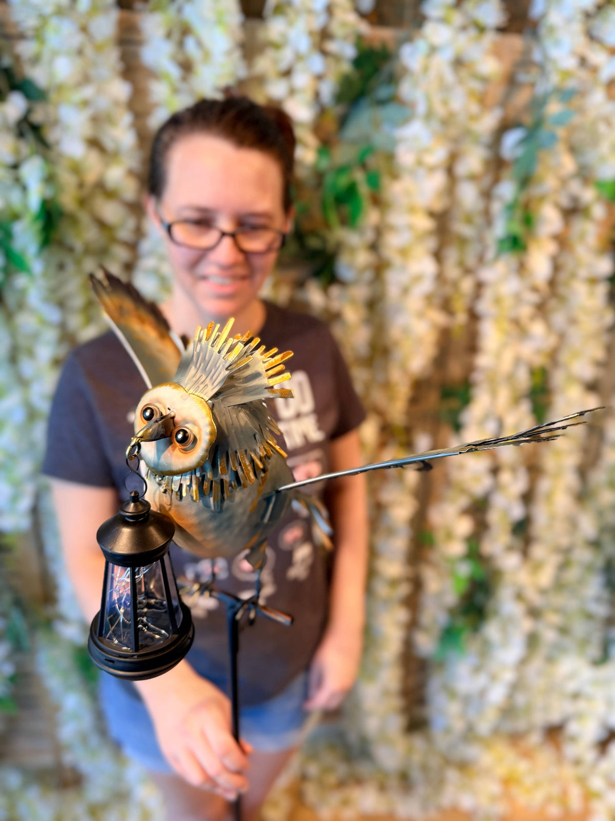Metal Owl Garden Stake Holding a Solar Lighted Lantern - Copper State Home + Iron