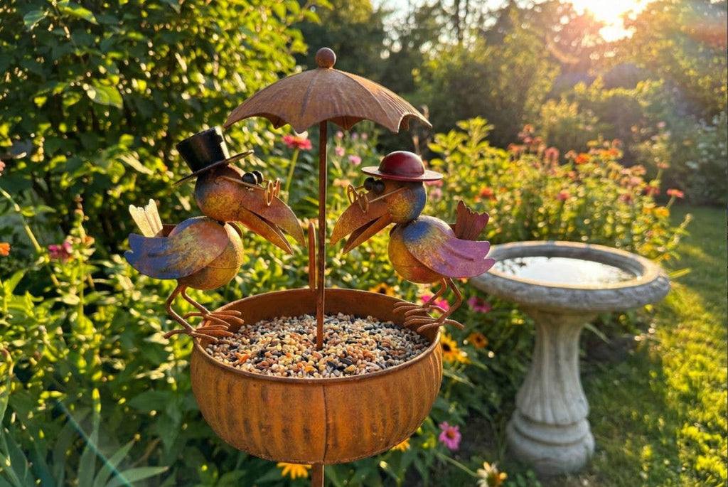 Metal Two Old Crows Rustic Bird Feeder Stake - Copper State Home + Iron